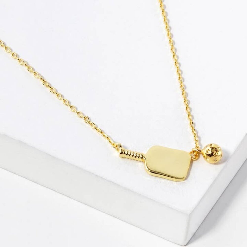 Pickleball and Paddle Pendant Necklace - Gold